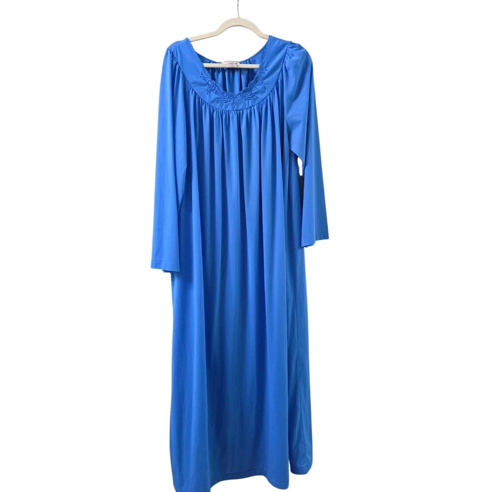 Shadowline Nylon Nightgown 1X Blue Maxi Long Sleeve Embroidered Roses Lingerie
